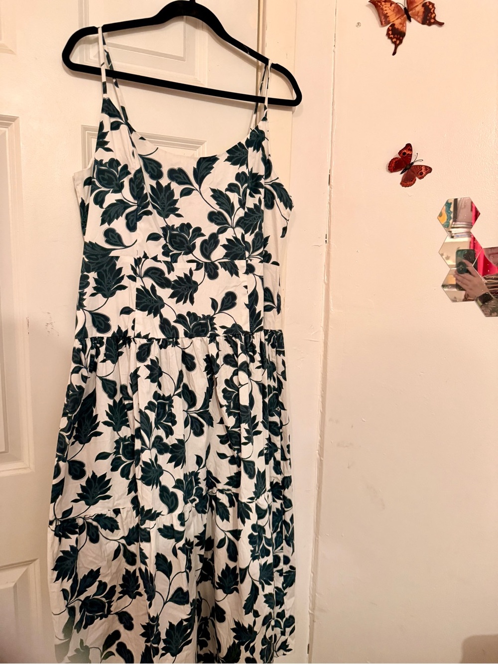 Sandra Darren White Sundress with Dark Green Floral Print